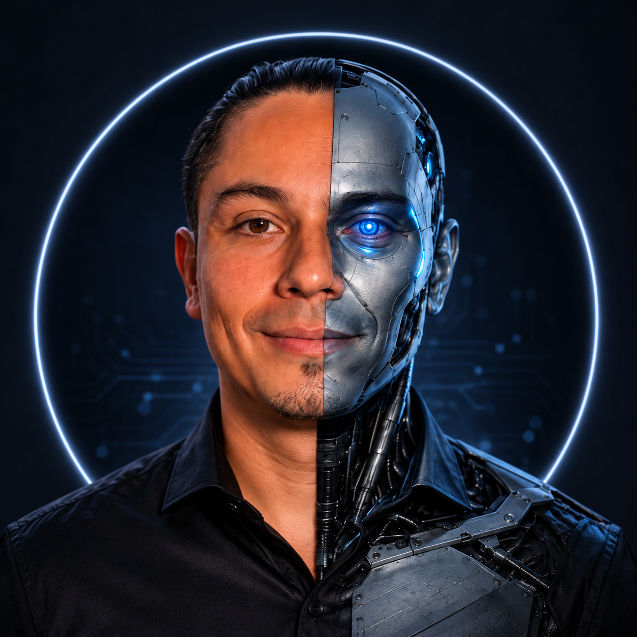 Identidad de Chief of Production: rostro mitad humano y mitad robótico, basado en la referencia de Mauricio.